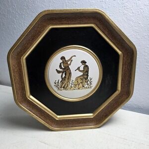 Vintage 60s MCM Guildcraft Octagon Metal Tin Greek/Roman Design Brown Gold Black